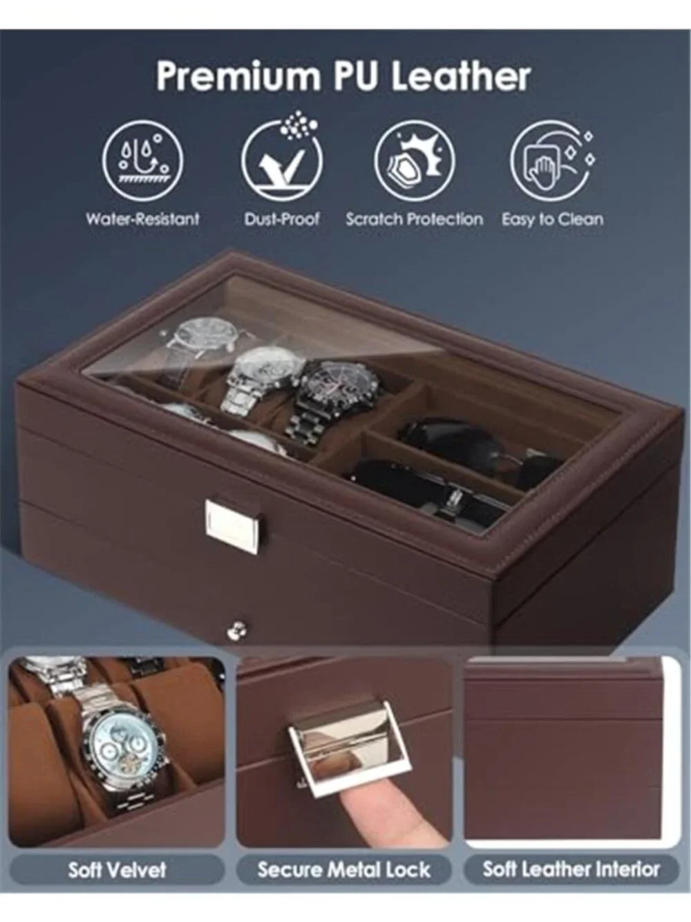Watch Jewelry Box Organizer 6-Slot 2-Layer Watch Case and Sunglasses Storage